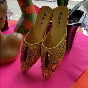 Yellow satin  rhinestone and sequins embellished slippers/flats/slides